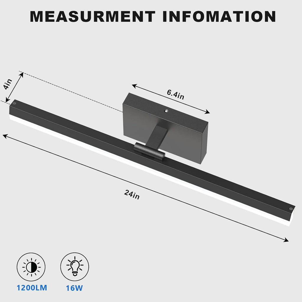 Modern Bathroom Vanity Light 24 inch, Rotatable, 16W Dimmable Led Bathroom Light Fixture Over Mirror, Black Vanity