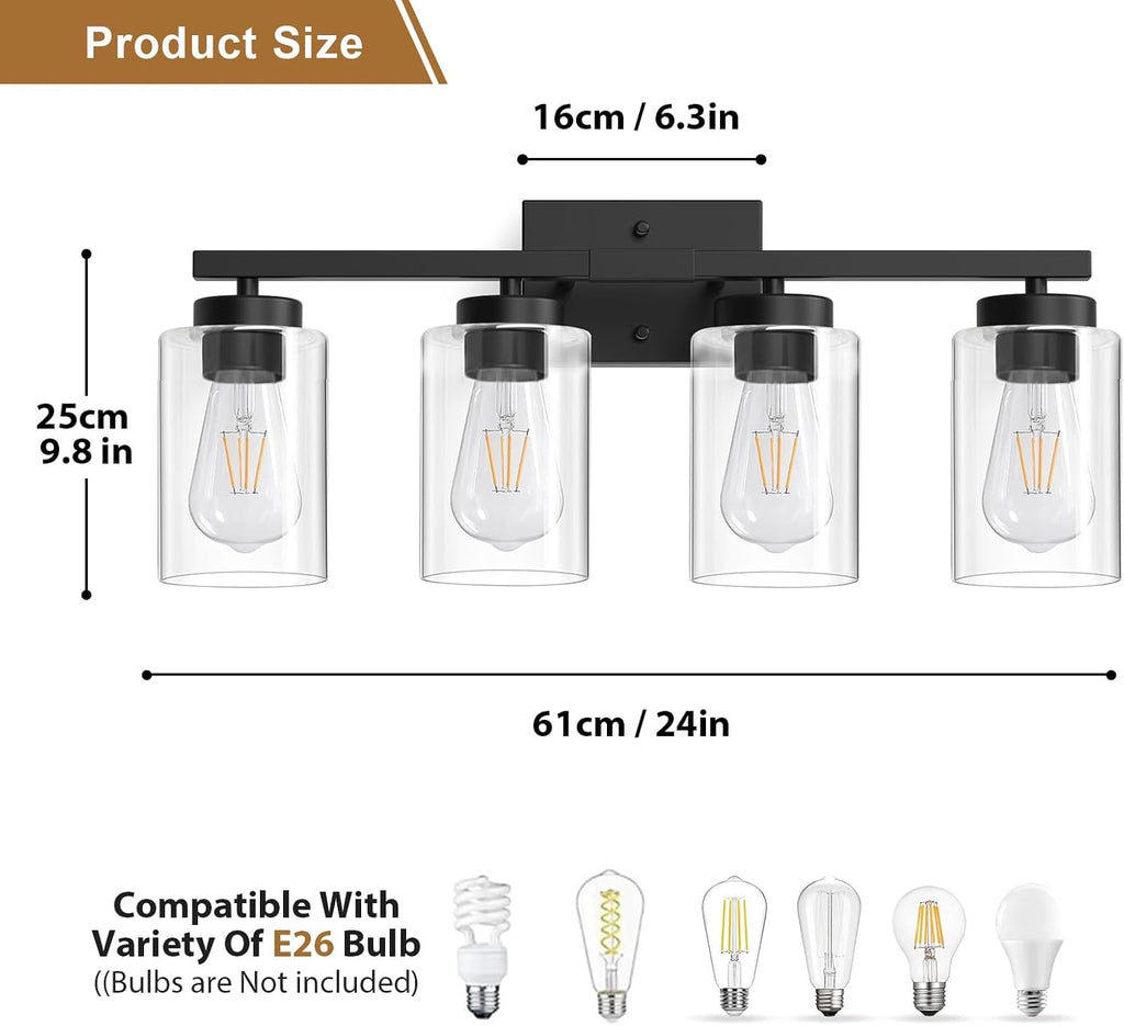 Modern Bathroom Light Fixtures, 4 Light Black Vanity Lights, Bathroom Lighting Fixtures Over Mirror with Clear Glass