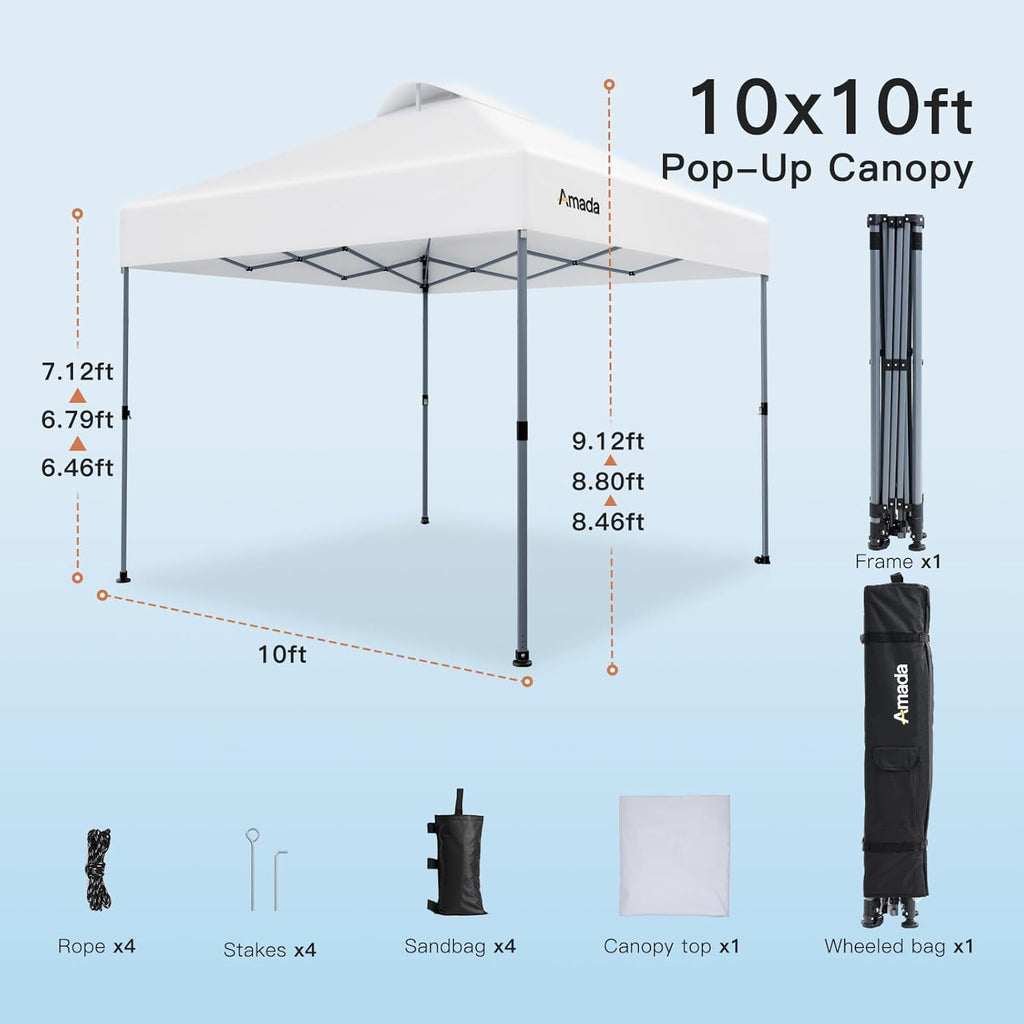 10x10 Pop Up Canopy Tent, 1-Button Push Easy-up Outdoor Canopy Beach Tent with 3-Height Adjustable Sun Shade