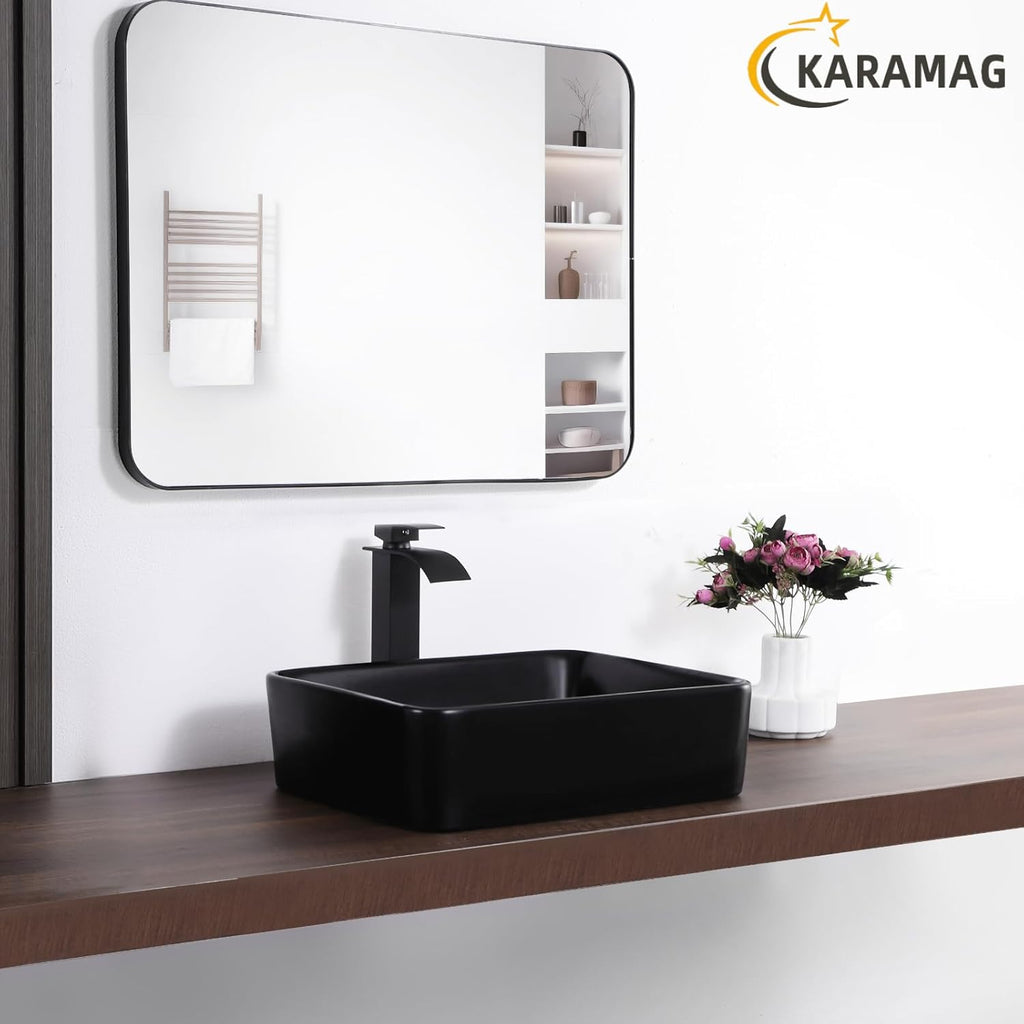 Black Vessel Sink,Rectangle 19"x15" Bathroom Sink Above Counter Porcelain Ceramic Small Sink Bowl Ceramic Vessel Sinks
