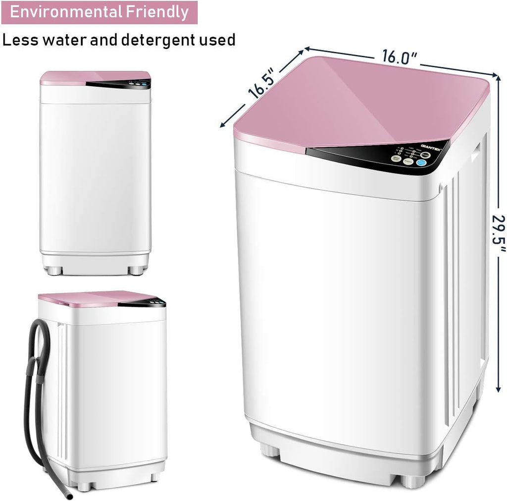 Full-Automatic Washing Machine Portable Washer and Spin Dryer 7.7 lbs Capacity Compact Laundry Washer with Built-in Barrel Light Drain Pump and Long Hose for Apartments Camping (White & Pink)