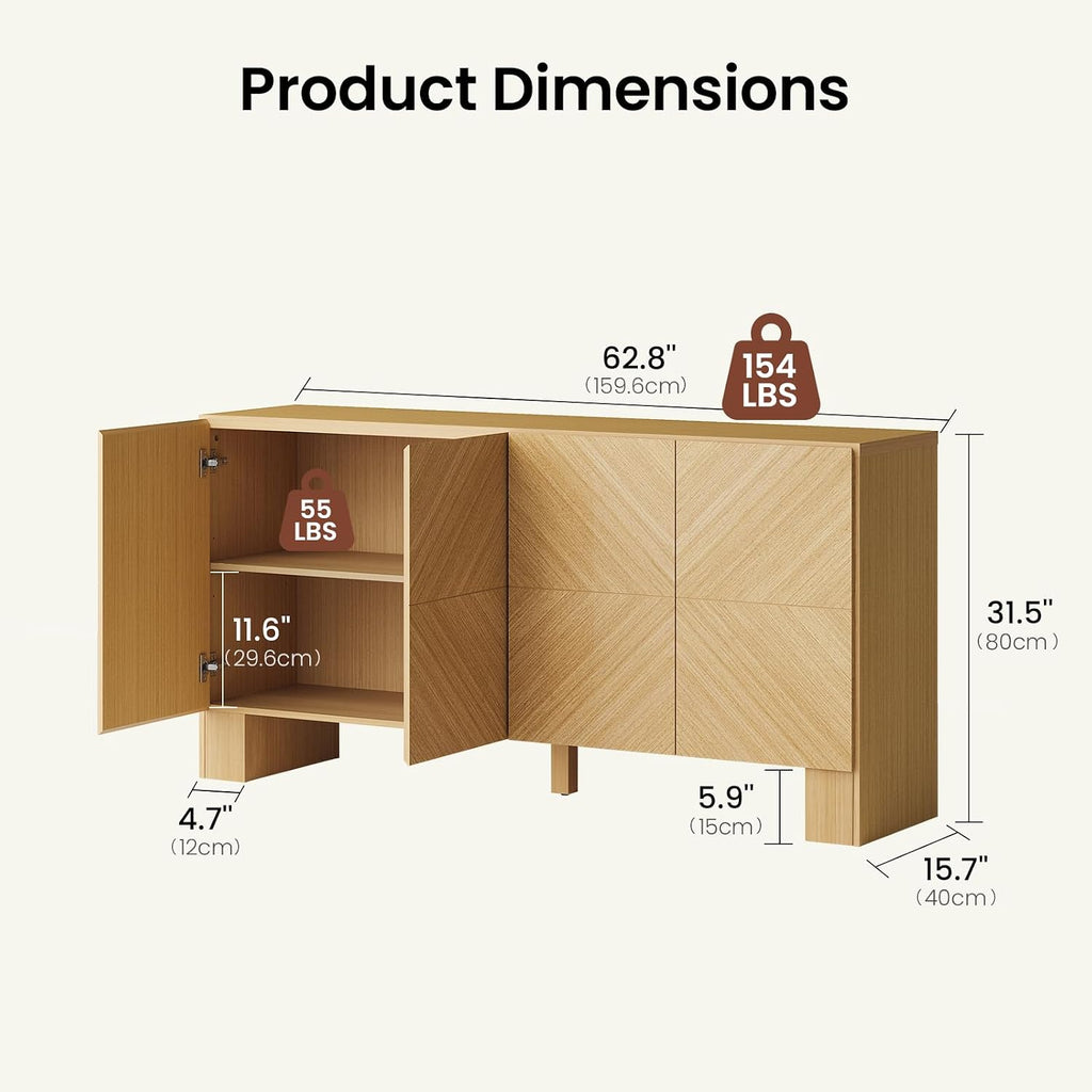 63 Inch Buffet Cabinet with Storage, Wood Credenza Storage Cabinet with 4 Doors, Large Modern Sideboard Buffet with
