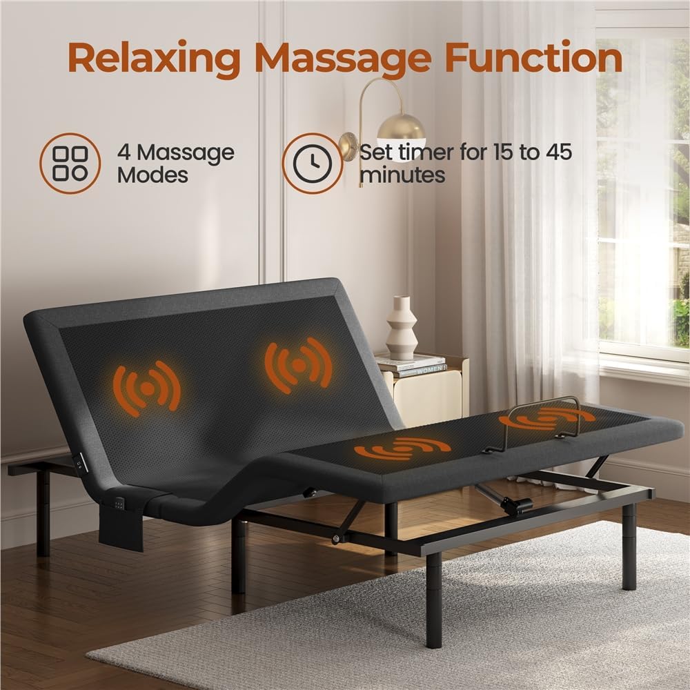 Queen Adjustable Bed Frame,w/Wireless Remote,Massage Function,Nightlight,4 Height-Adjustable Legs,Head & Foot
