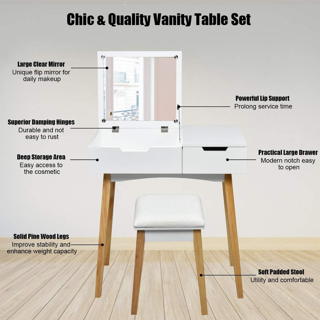 Vanity Table with Flip Top Mirror and Stool, Wooden Makeup Table Writing Desk with Drawer, Storage Compartment