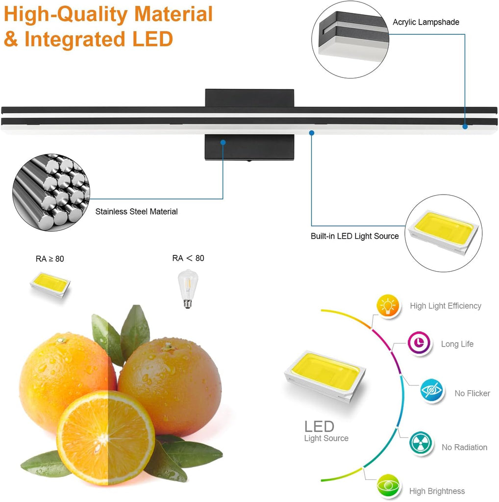 LED Modern Bathroom Vanity Light Bar (32-Inch, 3000K/4000K/6000K), Matte Black Dimmable Modern Acrylic Bathroom Wall