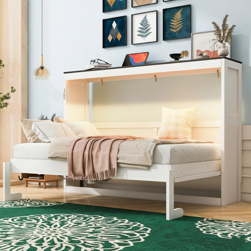 Twin Horizontal Murphy Bed Cabinet with LED, White