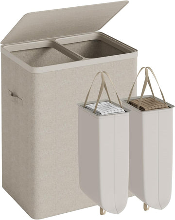 Double Laundry Hamper with Lid, 150L Large Laundry Basket 2 Compartments | Dirty Clothes Hamper 2 Section with