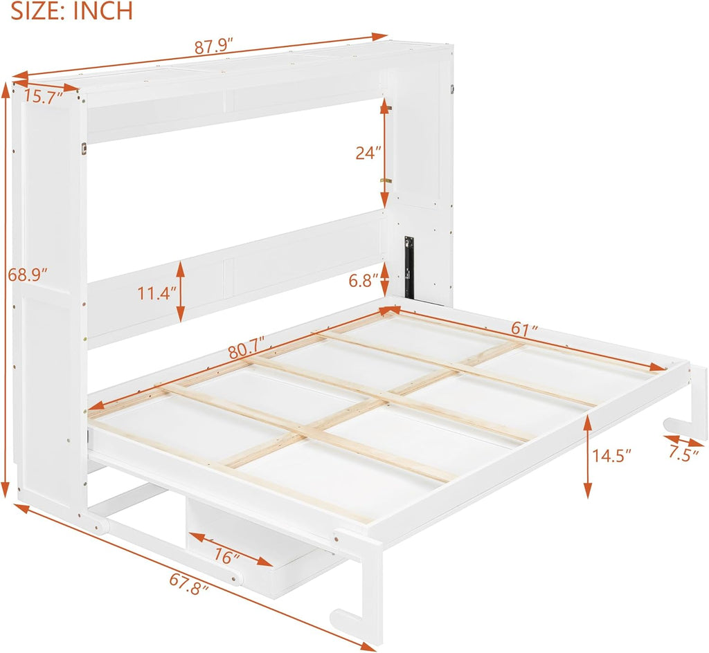 Wall Murphy Bed with Storage, Foldable Cabinet Bed with Vanity Desk, Center Mirror & 2 Side Drawers, Queen, White