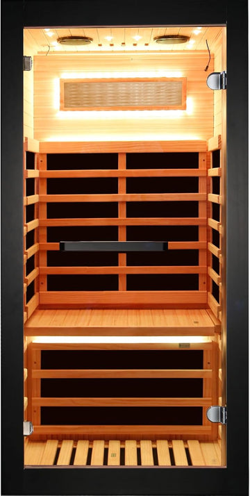 Sauna One Person Infrared Saunas Room Chilean Pine Wood 1050W Dry Saunas Spa with 7 Color Starry Sky Light Oxygen Bar