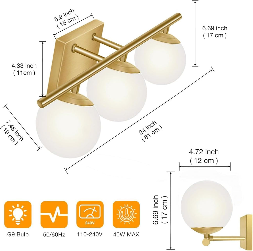 Brushed Brass Bathroom Vanity Light fixtures,24'' 3 Lights Modern Globe Glass Shade Wall Sconce for Over Mirror, Damp