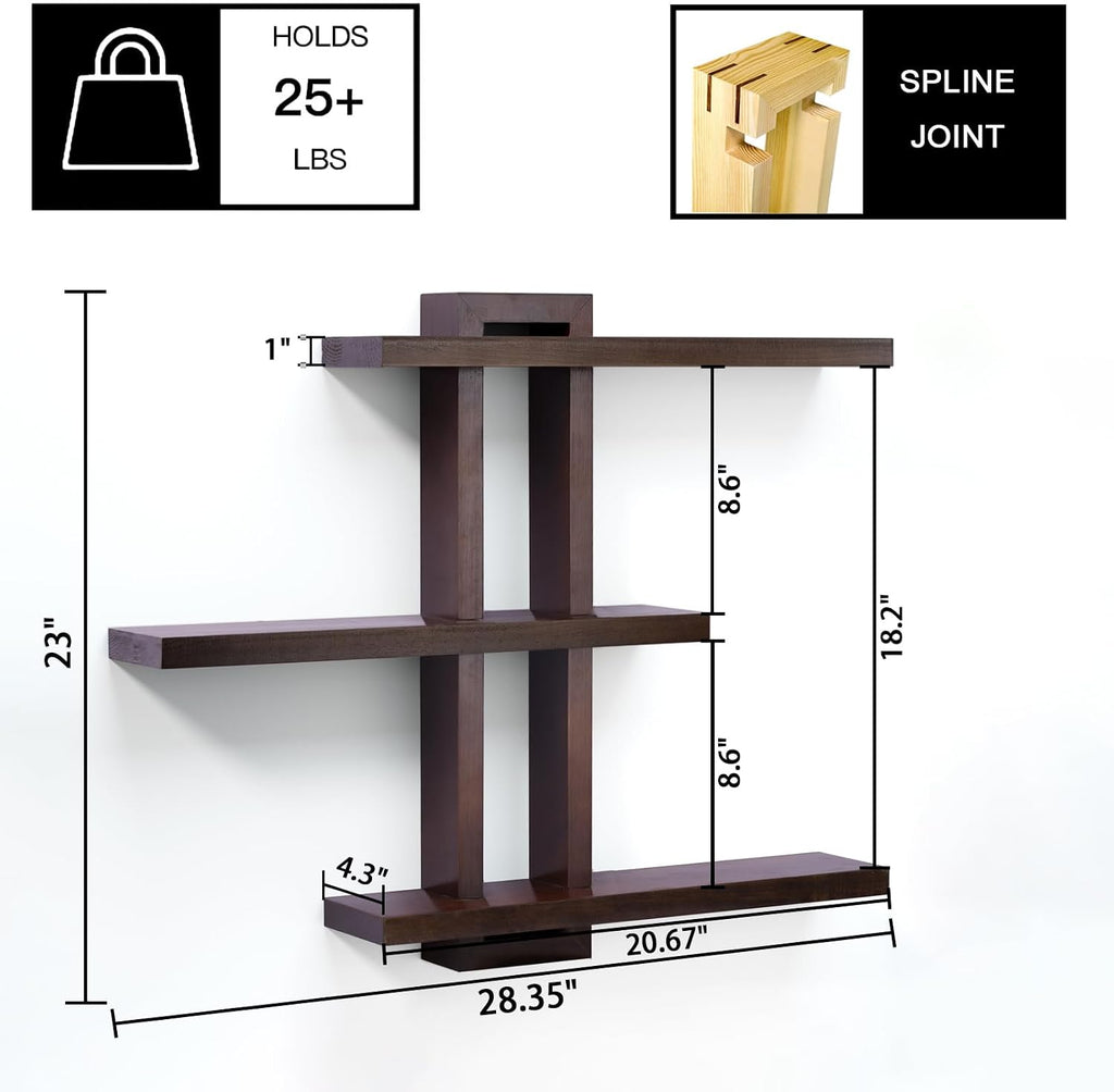 Variable Floating Shelves Wood Set of 3, Bathroom Shelves 28.35" Max, Rustic Wall Shelves Bedroom Farmhouse - Dark