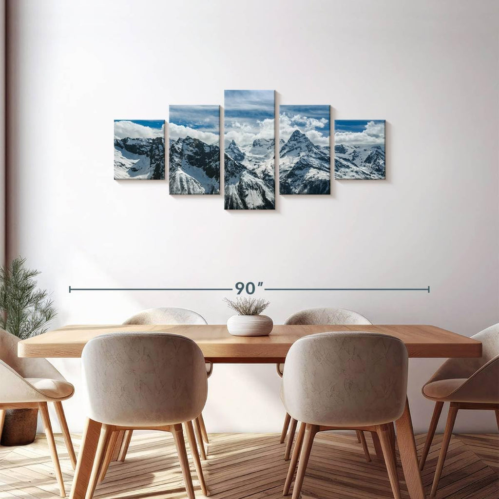 Rocky Mountains Wall Art Multi Piece Canvas - 5 Panel Nature Wall Decor - Snowy Scenery of the Pine Forest and