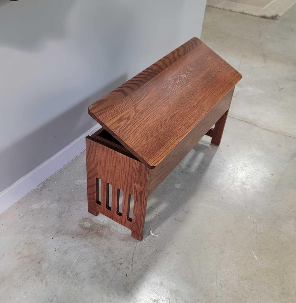 Wooden Storage Bench with Lid, Mission Style, Solid Oak Wood with Slats and Anti-Slam Hinges, 60'', Cherry Stain