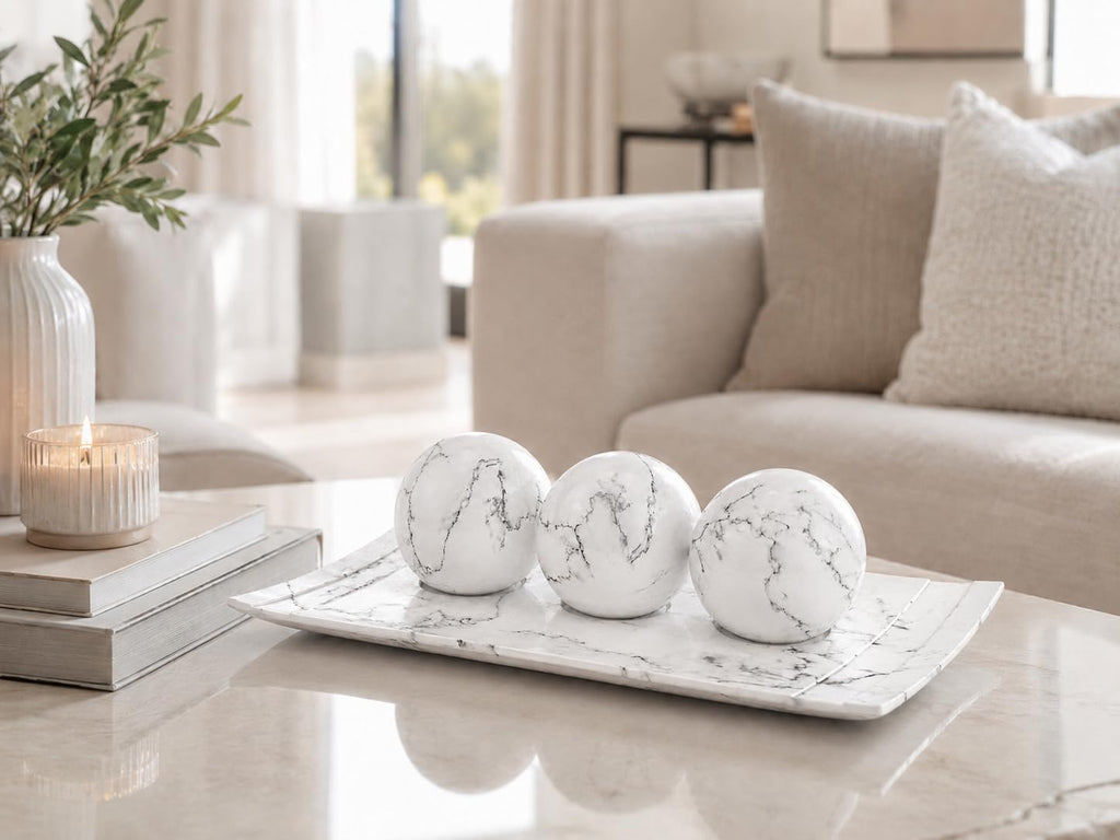 White Marble Look Home Decor Tray and Orb Set Coffee Table Decor Centerpiece Table Decorations for Dining Table