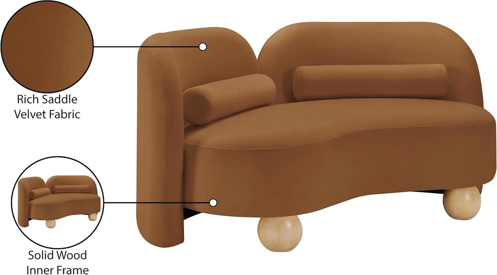 44002Saddle-L Daphne Collection Art Deco Loveseat with Rich Saddle Velvet Fabric, Solid Wood Ball Legs, Solid Wood