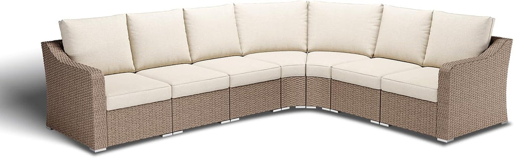 Luxury Outdoor Rattan L-Shaped Sofa, 6-Seat All-Weather Patio Sectional Furniture Set, Modular Half Round Wicker