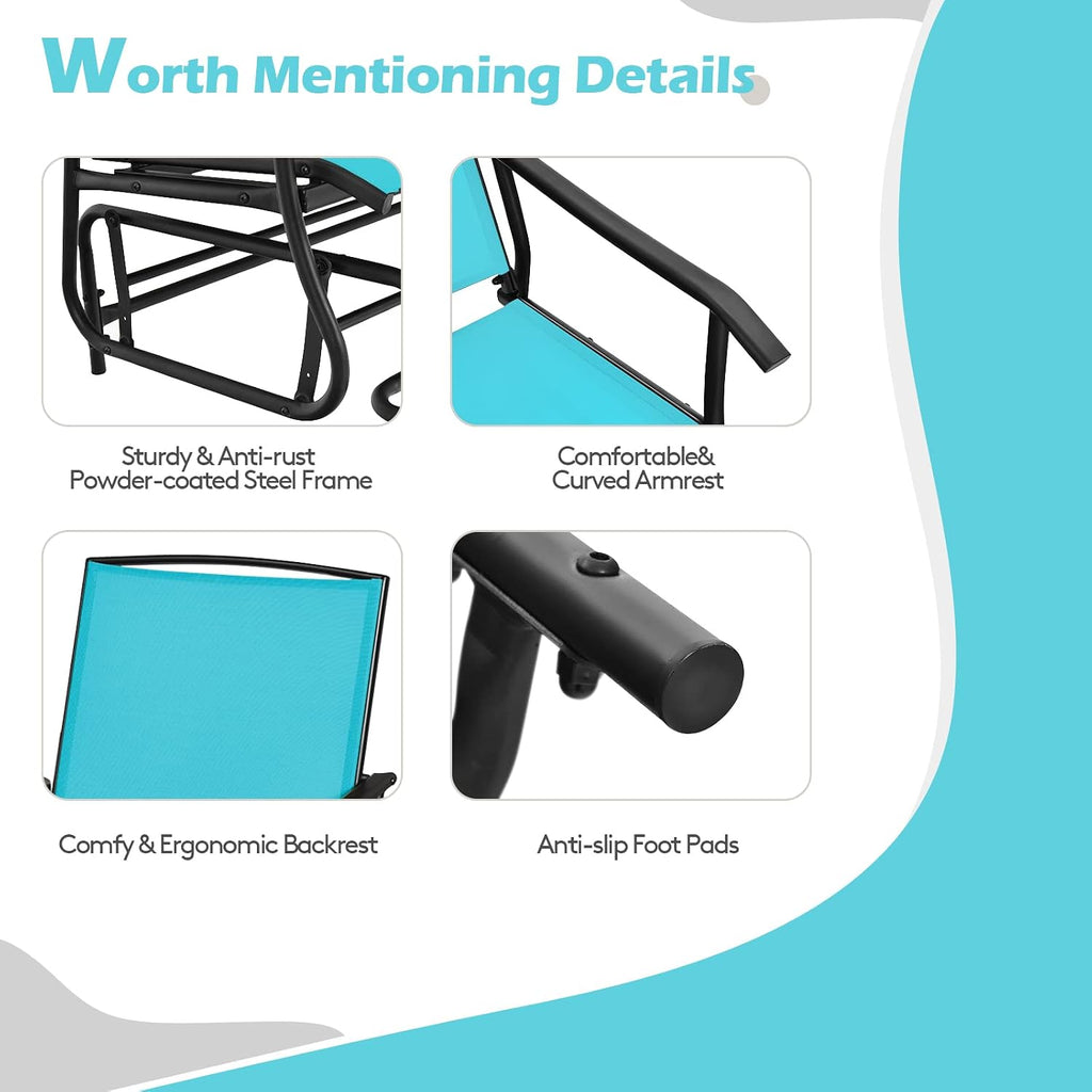 2 Person Outdoor Glider Bench w/Tempered Glass Table, Swing Patio Glider Chair with Steel Frame & Breathable Seat