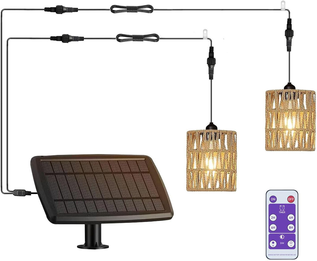Outdoor Solar Chandelier Indoor Gazebo Lights Waterproof Pendant Hanging Light for Pergola Porch Patio Decor Boho Rattan Lampshade Farmhouse Shed USB Powered Accessories Dimmable Remote