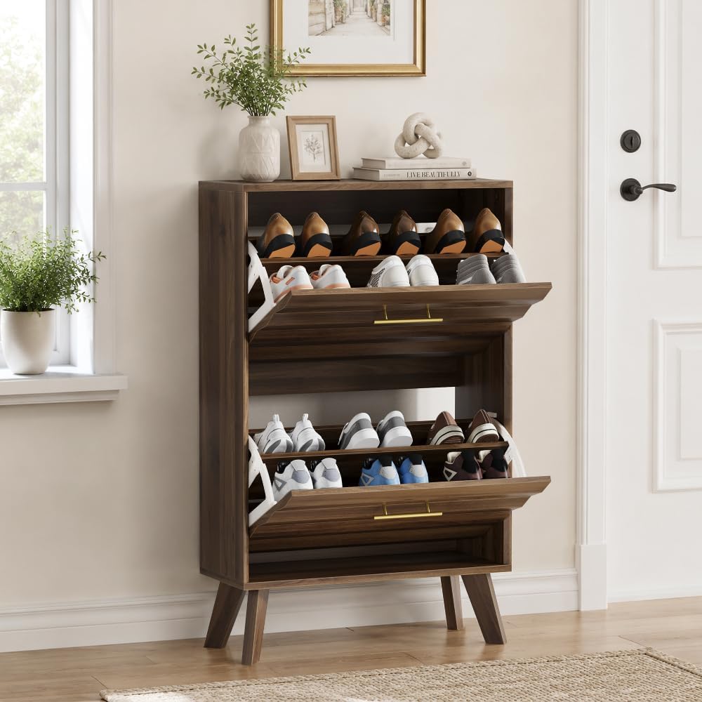 Slim Flip-Top Shoe Cabinet, Mid-Century Modern, 23.6in | Dual Tilt-Out Doors, Open Top Shelf, Angled Solid Wood Legs