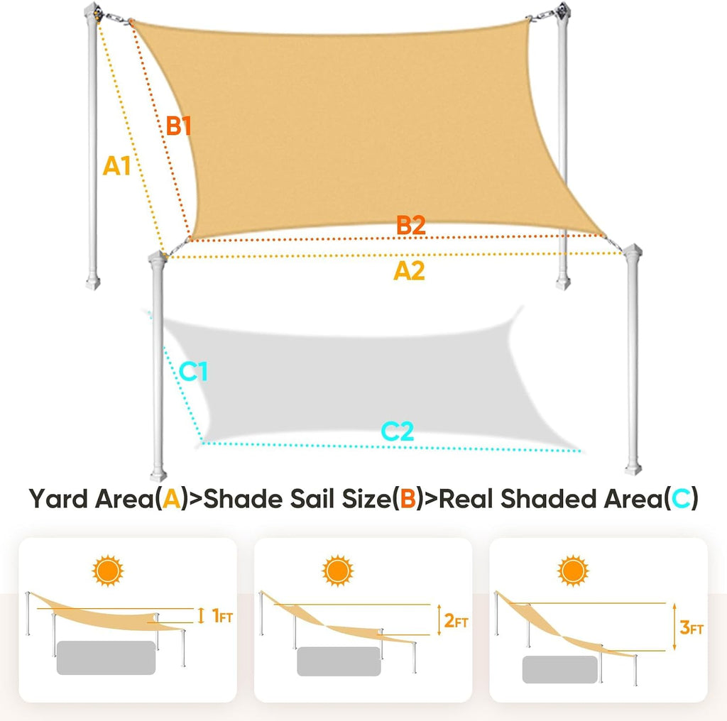 Sun Shade Sail with Hardware Kit 185GSM 12x16ft Sand | Rectangular Outdoor Sunshades UV Block Outside Canopy Cover