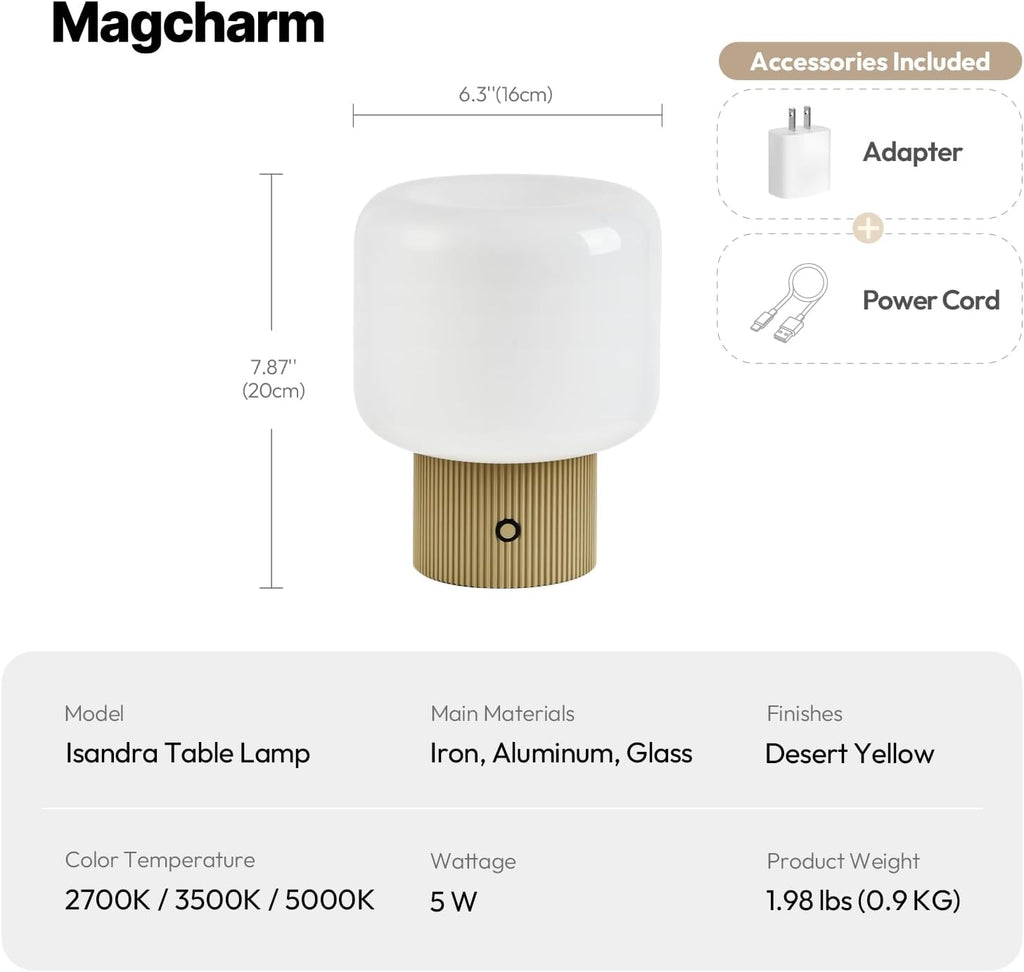 Mushroom Lamp, 5W Cute Cordless Rechargeable Table Lamp with Glass Shade, 3 Color Temps LED Dimmable Ambient Lighting
