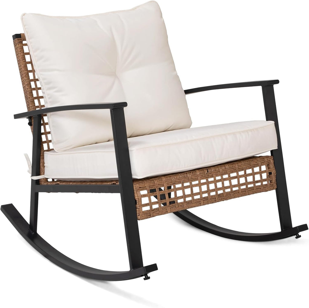 Outdoor Wicker Rocking Chair, Oversized Patio Chair Comfy Rocker Chair with Thick Cushion, Modern Cozy Lounge Chair