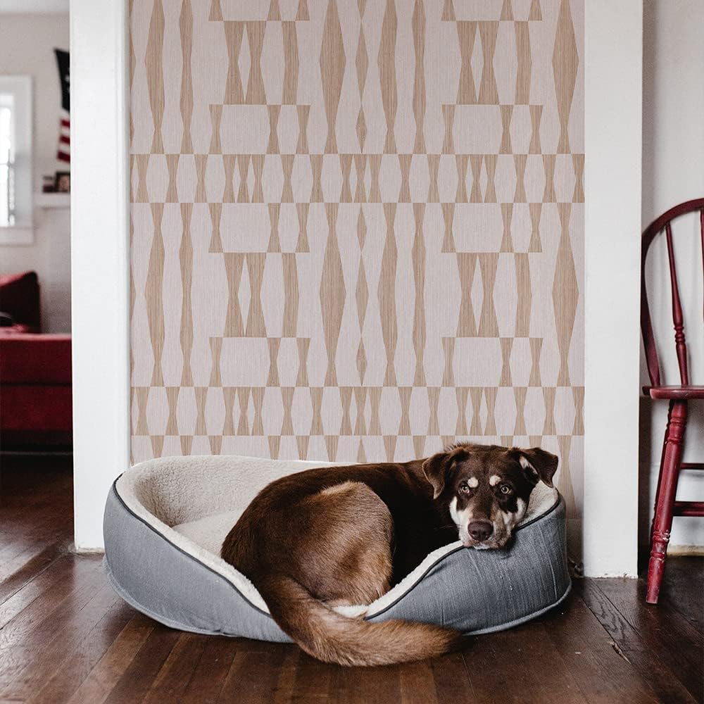 Beige Textured Faux Grasscloth Geo Removable Peel and Stick Wallpaper, 20.5 in X 16.5 ft, Made in The USA, Jute