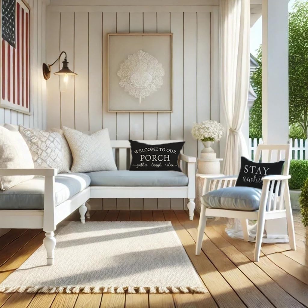 Welcome to Our Porch Stay Awhile Farmhouse Black and White Outdoor Lumbar Decorative Throw Pillow Covers 12x20 Inch