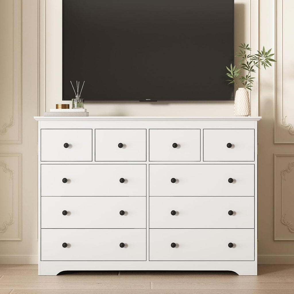 Modern 10 Drawer Dresser, 55.1" Wide Dressers & Chests of Drawers with Large Capacity Storage, Mid Century White