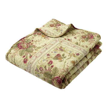 Antique Rose - Classic Traditional Floral - 100% Cotton Quilted Throw Blanket, 50 x 60 inches, Ecru