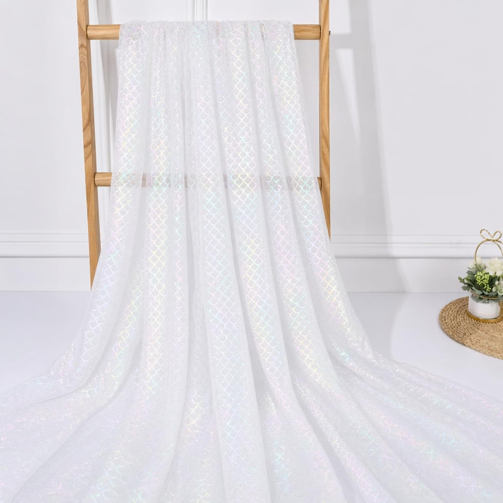 Iridescent Organza Table Runner Glitter Fish Scale Tulle Mesh Fabric
