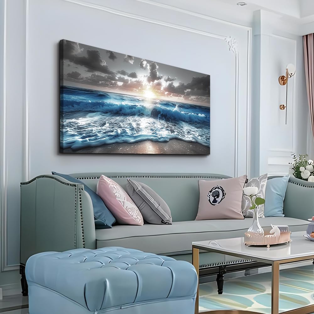 Blue Sea Waves Wall Pictures Framed Wall Art Canvas Wall Decor Sunshine Beach Painting Bedroom Home Decorations