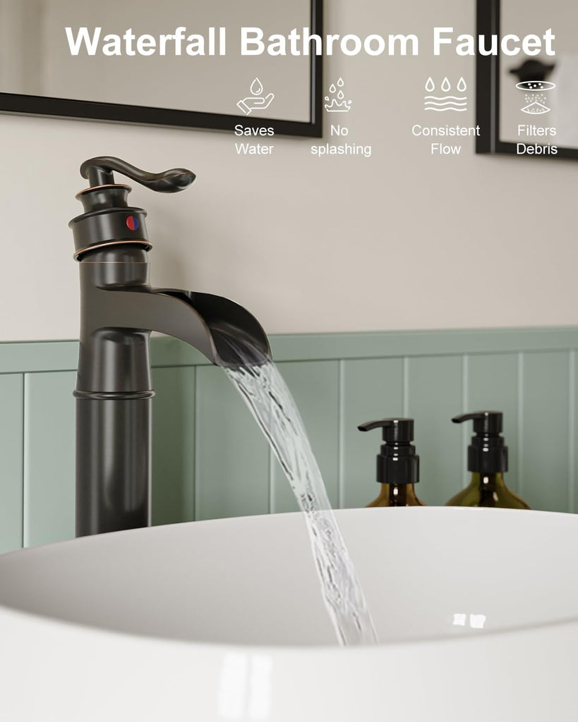 Waterfall Spout Oil Rubbed Bronze Bathroom Faucet Single Handle One Hole Vessel Sink Faucet ORB Lavatory Faucets Deck