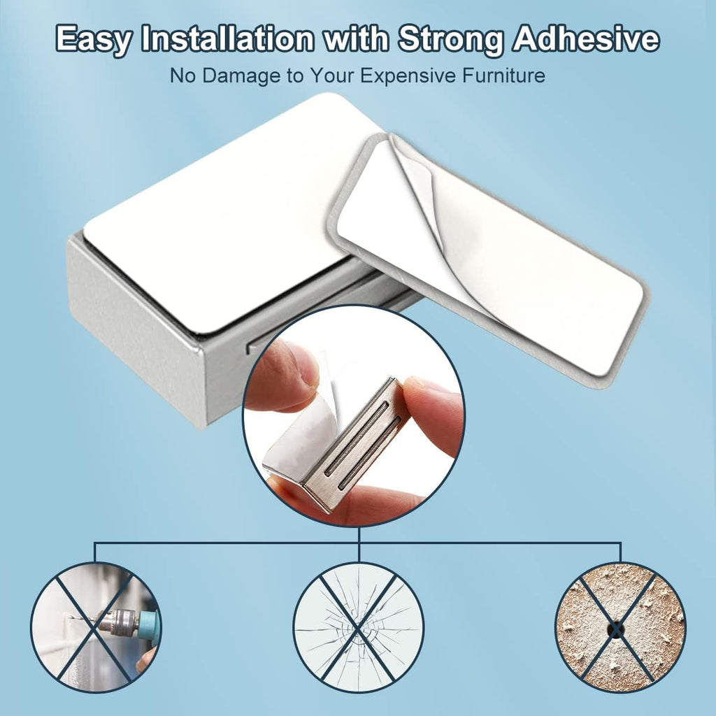 No Drill Adhesive Magnetic Door Catch - 17lb Holding Force, Cabinet Magnets & Drawer Closure, Self-Stick Stainless