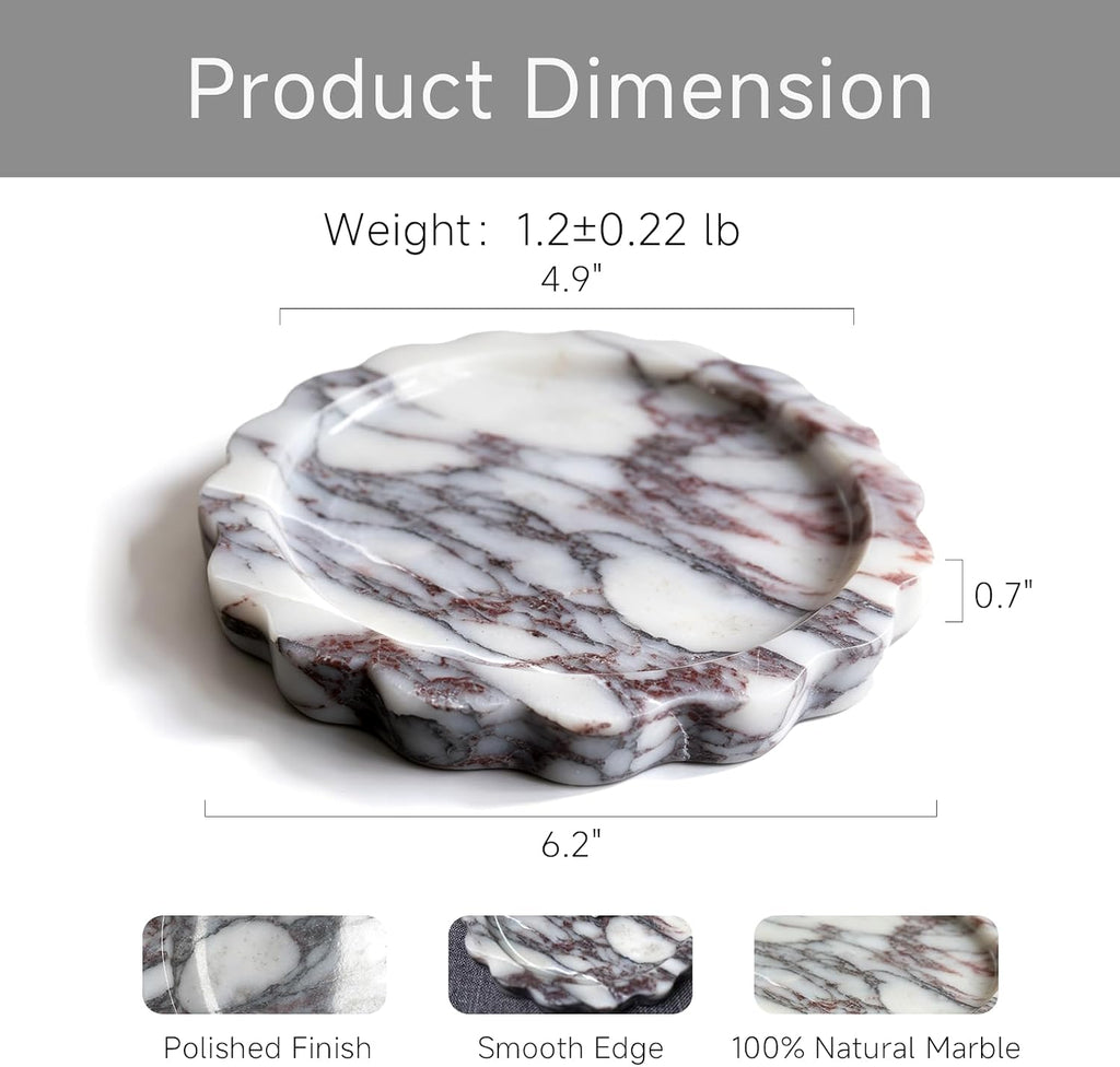 Decorative Marble Tray-6.2 in Round Stone Vanity Tray for Perfume & Jewelry | Scalloped Edge, Calacatta Viola Natural