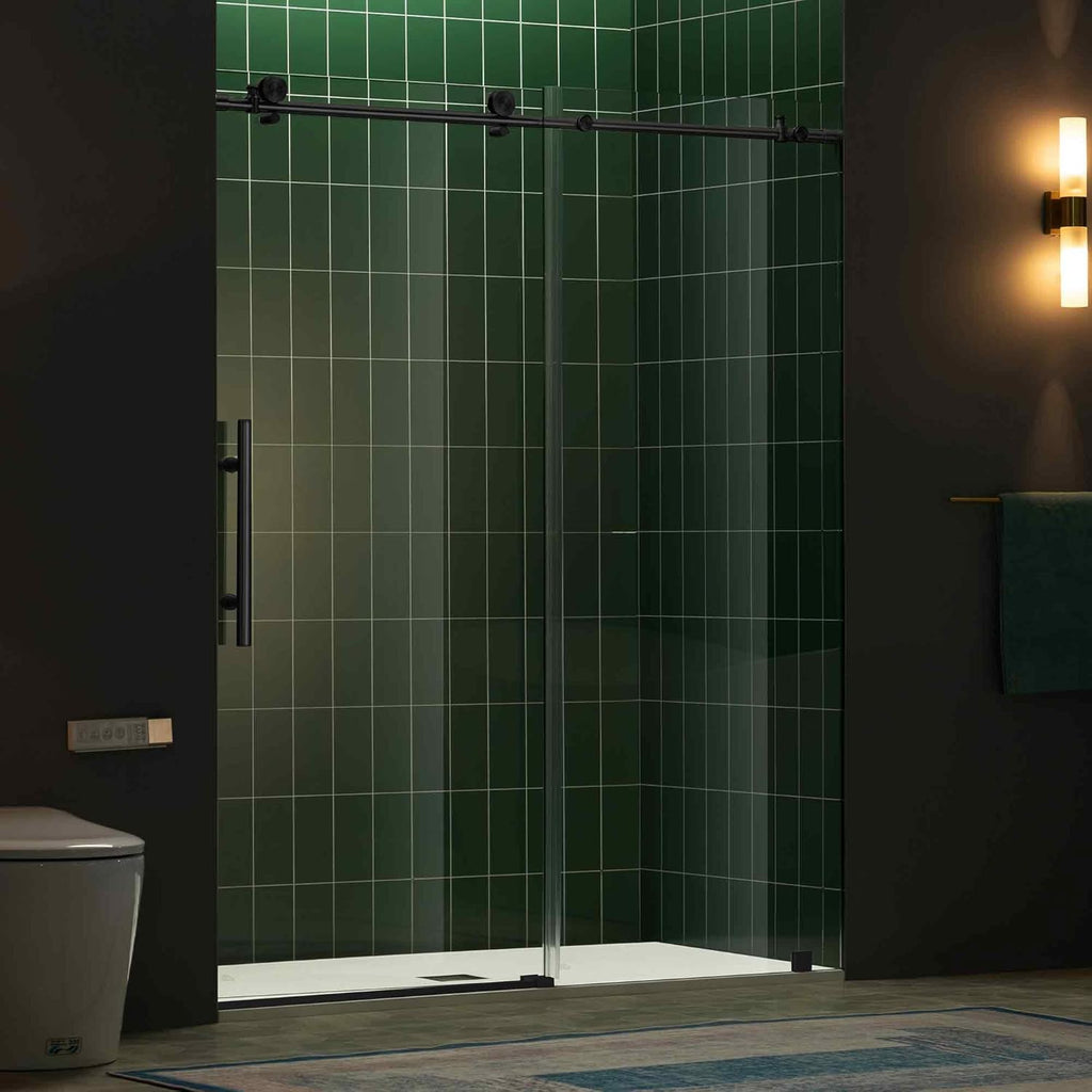 56-60" W x 80" H Frameless Single Sliding Shower Door with Tempered Glass & Explosion Proof Film in Matte Black Finish