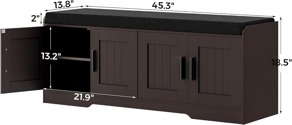 2-Tier Storage Bench, Shoe Bench with Thickened Padded Seat Cushion, Entryway Bench with 4 Doors, Adjustable Shelf