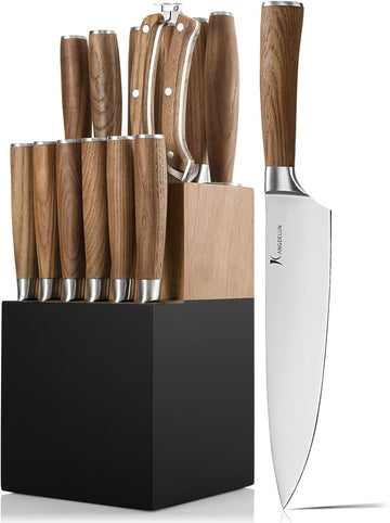 Ultra Sharp 15-Piece Kitchen Knife Set, High Carbon Stainless Steel Blades, Torrefied Brown Wood Handles, Ergonomic