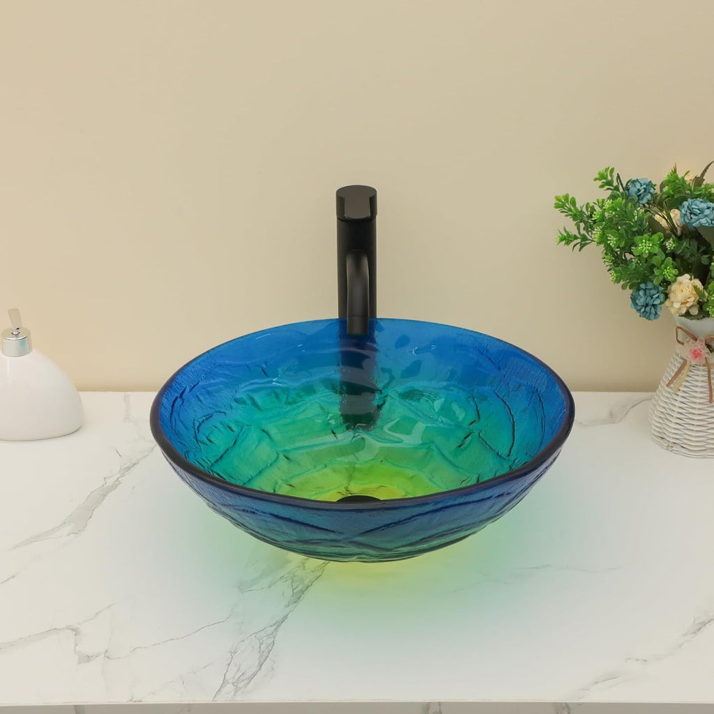 Kichae Round Glass Vessel Sink - 16" x 16" Tempered Glass Bathroom Vessel Sink for Bathroom Vanity
