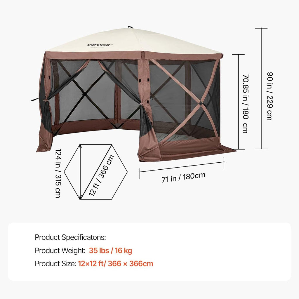 Camping Gazebo Screen Tent, 12x12ft, Brown/Beige | 6 Sided Pop-up Canopy, Mesh Windows, Portable Carry Bag & Stakes