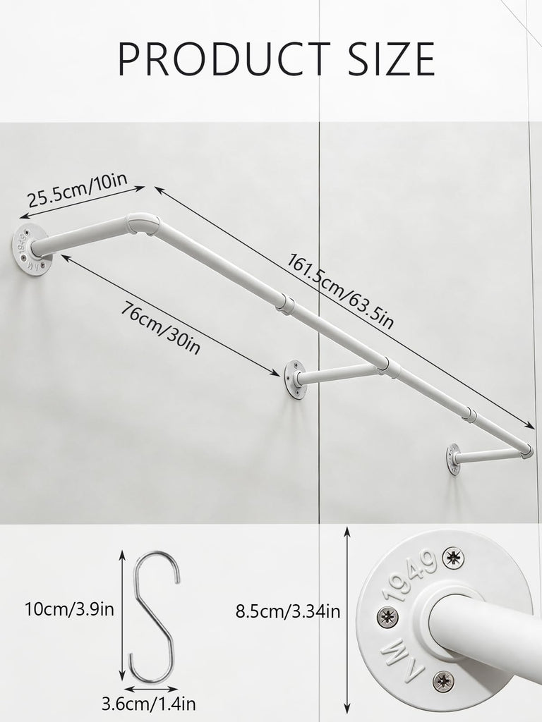 65.7in Industrial Pipe Wall Mounted Clothes Rack, Heavy Duty Detachable Iron Garment Bar, Rustic Space-Saving Hanging