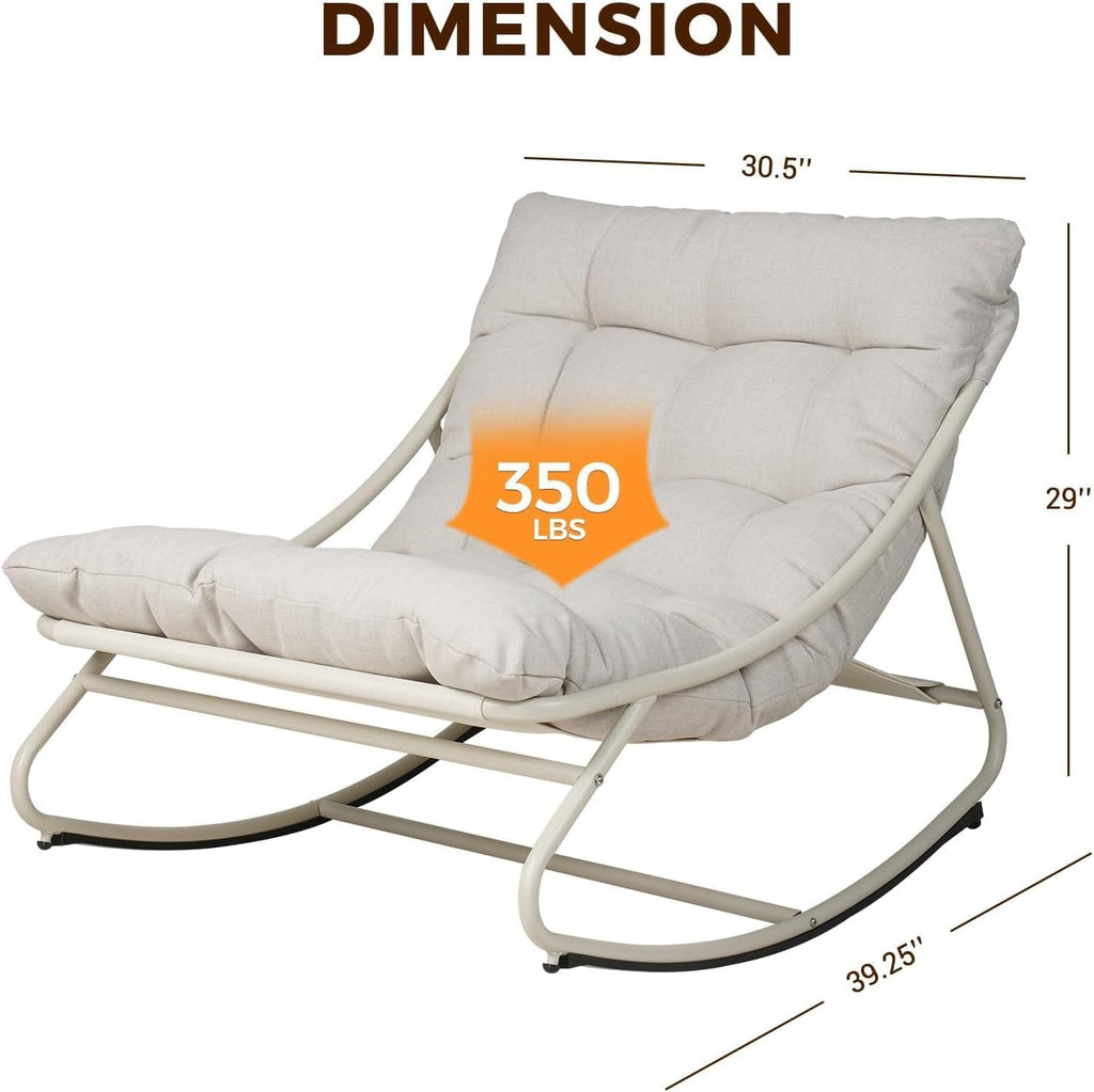 Rocking Chair with Cushion for Indoor and Outdoor, Beige | Metal Lounge Rocking Chair with Thick Cushion, Comfy
