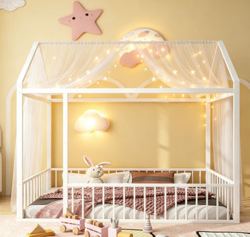 Twin Size Montessori Floor Bed, Metal House Bed Frame for Kids, Floor Beds with Fence, White