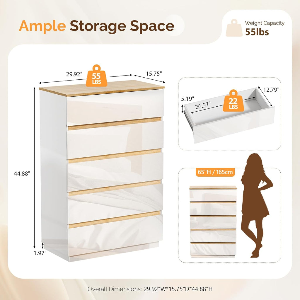 5 Drawer Dresser , 45" H Tall Dresser Chest of Drawers, High Gloss Wood Modern Storage Cabinet with Brown Top