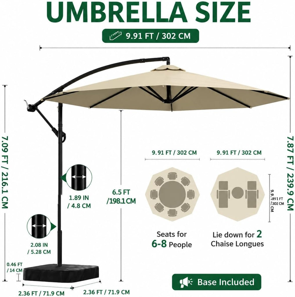 10FT Patio Umbrella with Base, Outdoor Umbrella Pool Umbrella Cantilever Umbrells