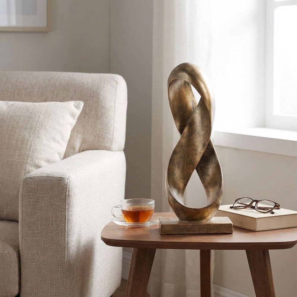 14.6" Tall Abstract Bronze-Finish Knot Sculpture, Modern Resin Infinity Loop Statue, Modern Tabletop Decor for Coffee