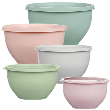 Plastic Mixing Bowls with Lids Set, 5 Set Nesting Bowls for Mixing, Baking, Prepping, Cooking and Serving Food