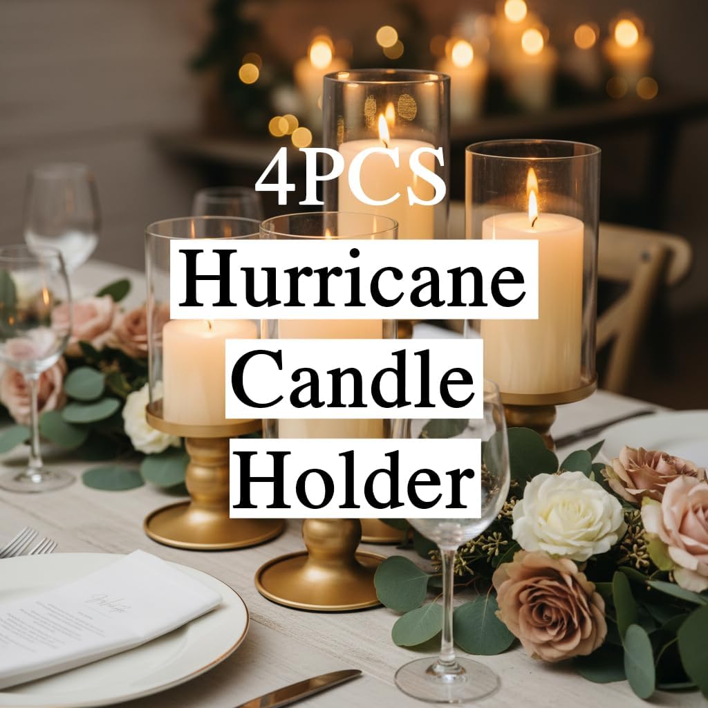 4Pcs Hurricane Candle Holder for Pillar Candles, Gold Candle Holders with Clear Glass Sleeve for Table