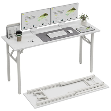 Long Computer Desk Folding Table - 55.1" Foldable Office Desk, No Assembly, Perfect Writing Table, Portable Large