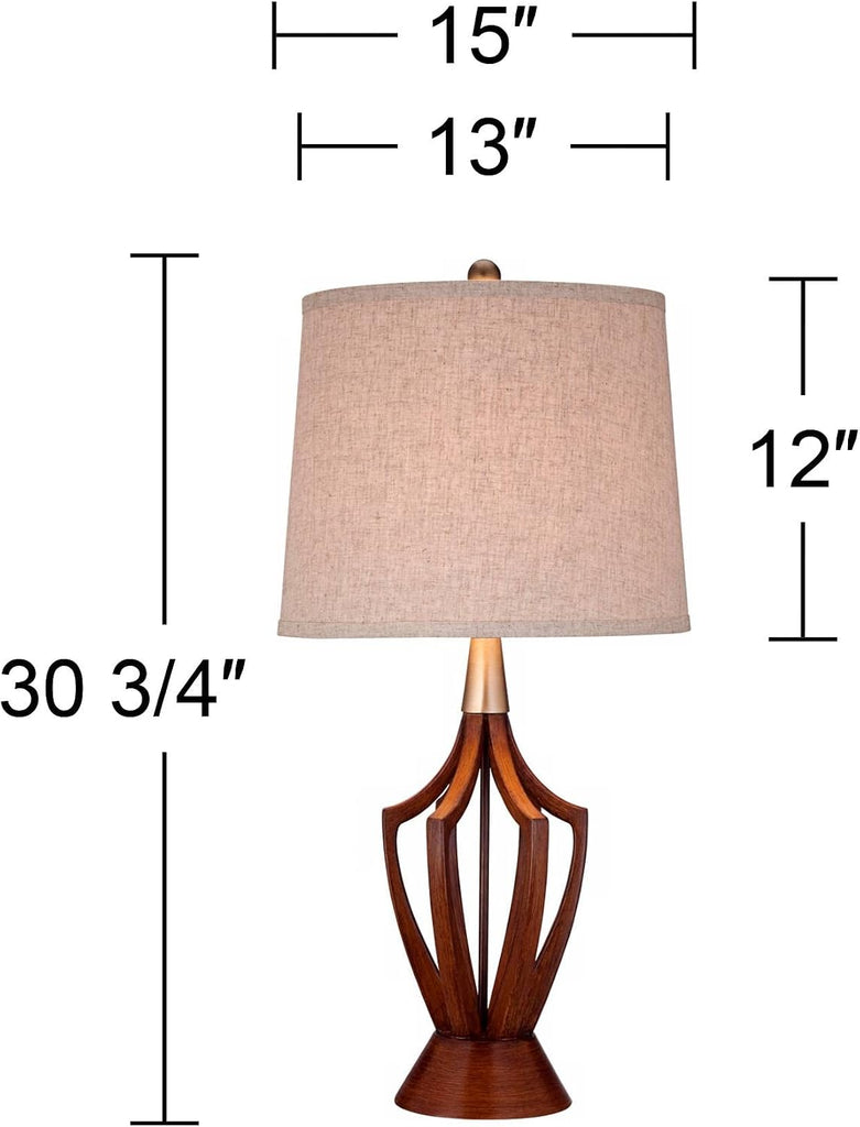 St. Claire Mid Century Modern Table Lamp 30 3/4" Tall Wood Brown Open Vase Taupe Fabric Drum Shade Living Room House